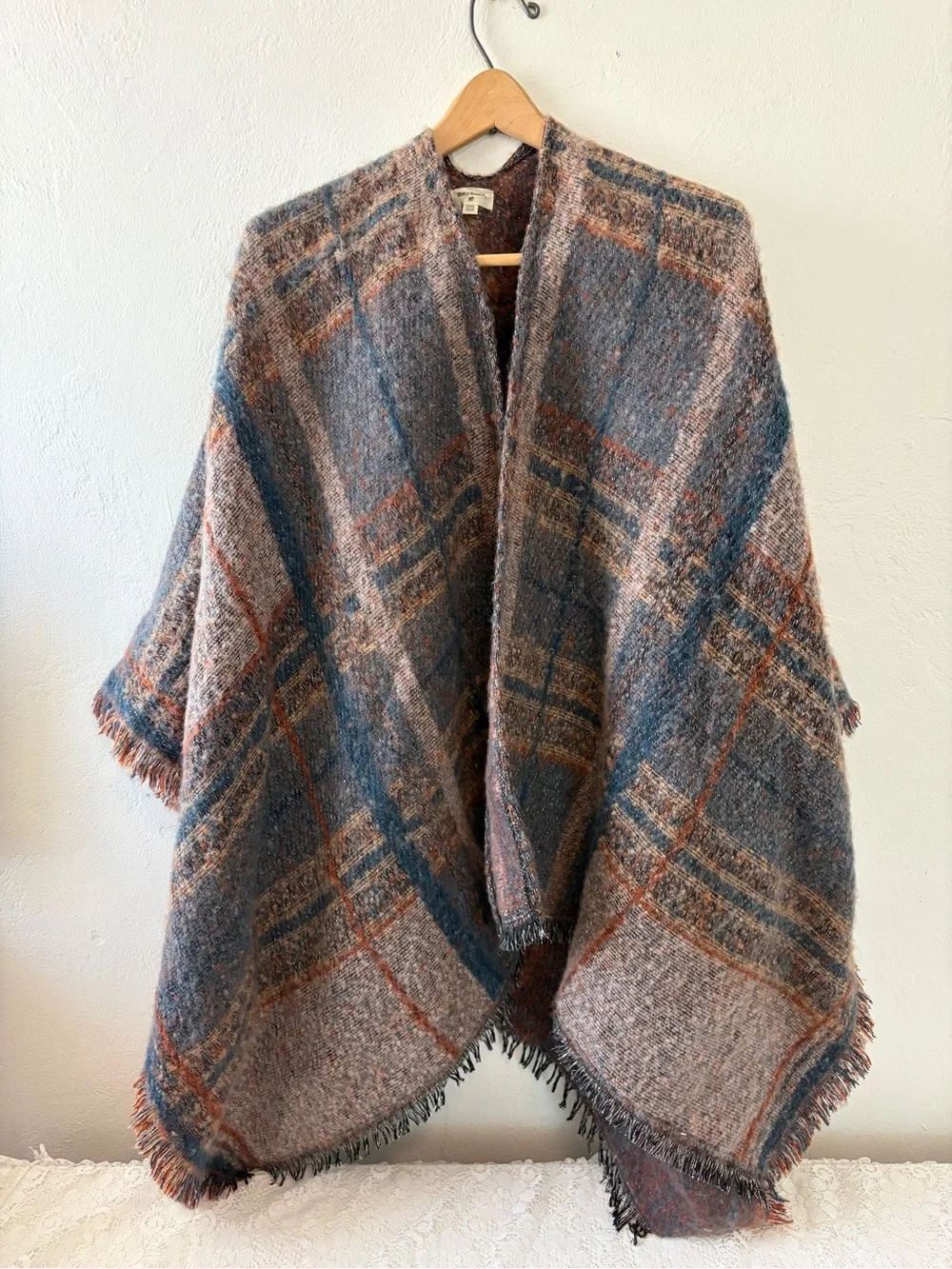 Cost Plus World Market Plaid Fringe Poncho - Brown & Blue